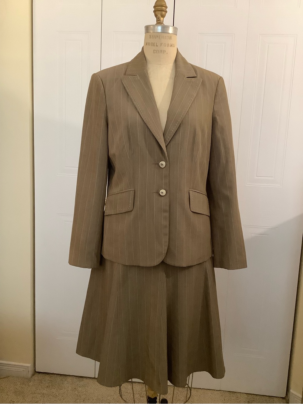 Women's Taupe Pinstripe Blazer and skirt - Tailored Professional Jacket